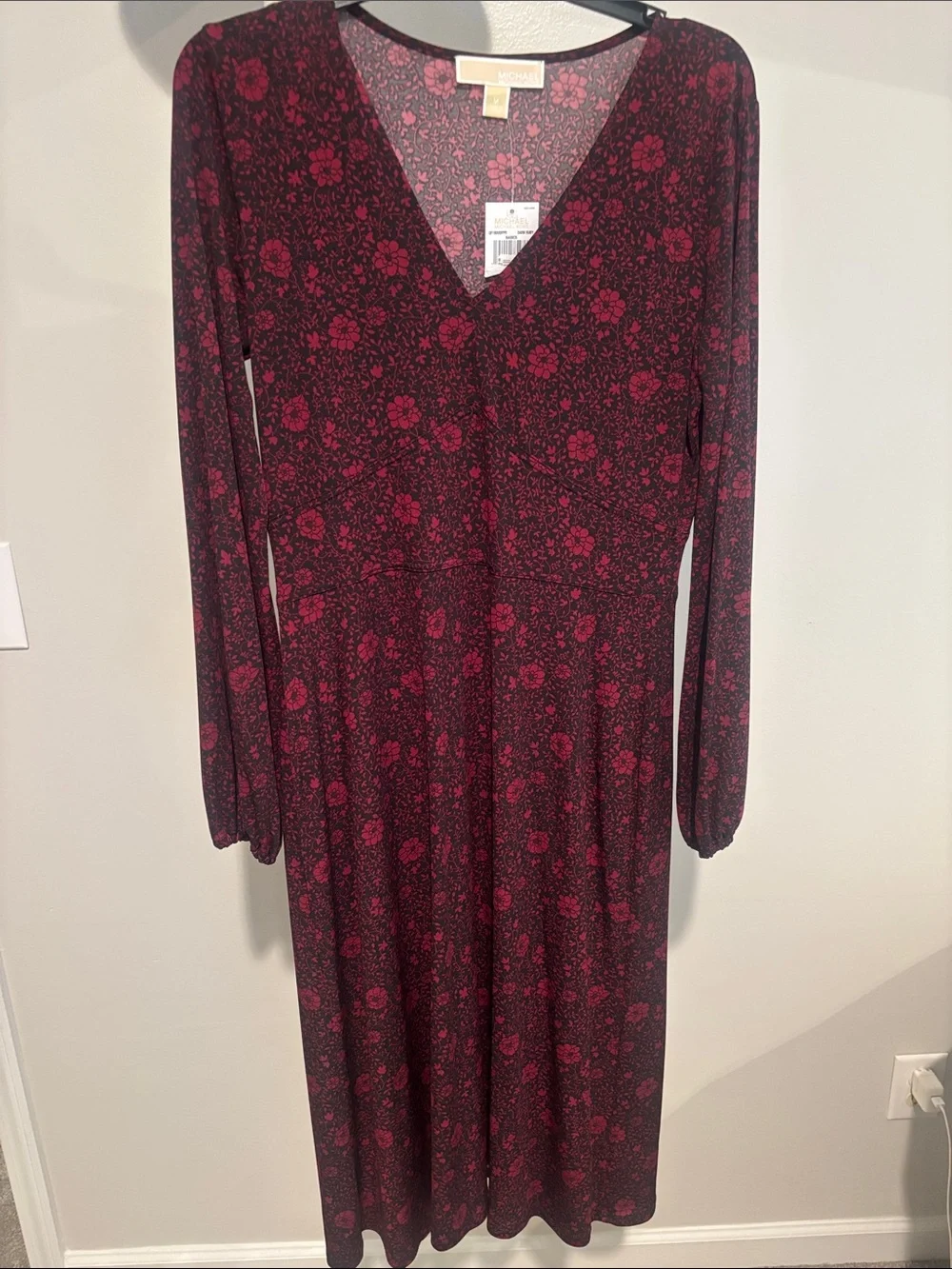 Michael Kors Dark Burgundy Floral Long Sleeve Midi Dress